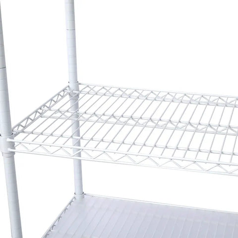 Close-up of Seven Tier Heavy Duty Wire Storage Shelving Unit with adjustable shelves, 82 inches tall, white steel