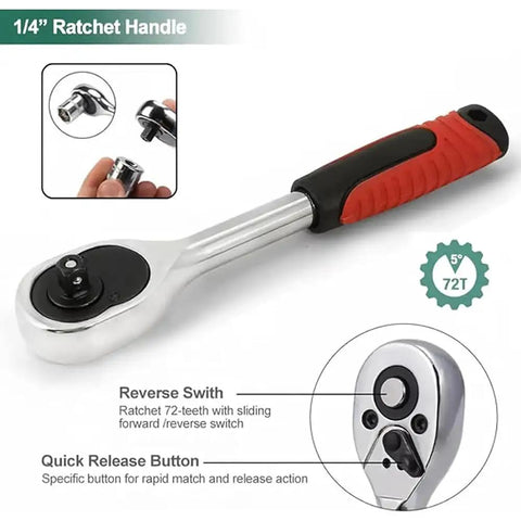 1/4 inch ratchet handle from 46 Piece One Quarter Inch Drive Socket Wrench Set With Pro Grade 72 Tooth Ratchet Chrome Vanadium Steel Tools