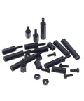 Heavy Duty M2 Brass Hex Spacer Standoff Screw And Matched Nut Assortment Kit with black standoffs and screws on white background.
