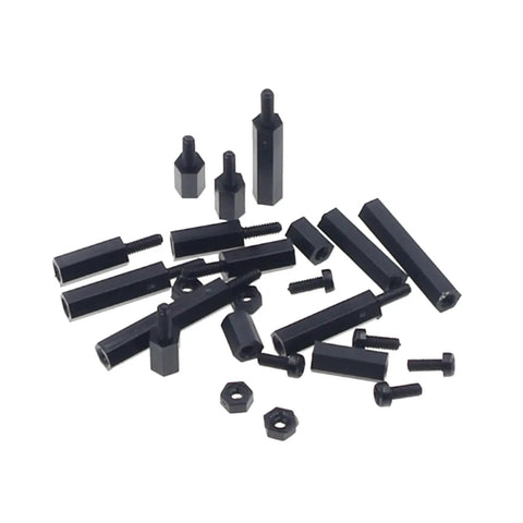 Heavy Duty M2 Brass Hex Spacer Standoff Screw And Matched Nut Assortment Kit with black standoffs and screws on white background.