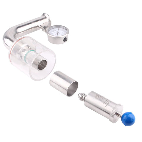 Exploded view of stainless steel 1.5-inch tri-clamp adjustable pressure relief valve with gauge.