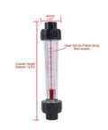 Inline Liquid Flow Meter With 60 To 600 Liters Per Hour Flow Range For Half Inch DN15 Pipe Connection AS Plastic Cylindrical Body 204mm Height Easy Read Indicator Durable Inline Flow Sensor For Water And Other Liquids showing clear body and red scale markings.