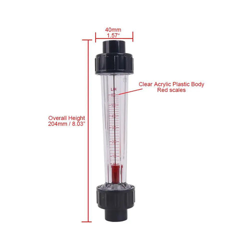 Inline Liquid Flow Meter With 60 To 600 Liters Per Hour Flow Range For Half Inch DN15 Pipe Connection AS Plastic Cylindrical Body 204mm Height Easy Read Indicator Durable Inline Flow Sensor For Water And Other Liquids showing clear body and red scale markings.