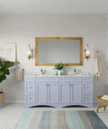 Modern bathroom with light purple vanity, large mirror, bathtub, and elegant decor; no faucet visible
