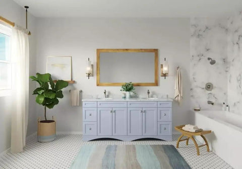 Modern bathroom with light purple vanity, large mirror, bathtub, and elegant decor; no faucet visible