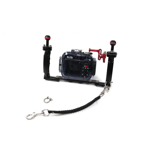 Underwater Camera Housing Carry Lanyard with military-grade parachute rope and stainless steel snap hooks attached to camera rig.