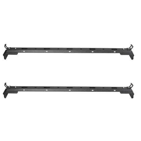 Heavy Duty Black Roof Rack Crossbars For Jeep Wrangler JK JL Gladiator JT Hardtops, side view showcasing durable steel construction.