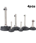 Four Piece Universal Adjustable Furniture Leveling Feet With Heavy Duty Swivel Base And Screw Thread Glides M8 M10 M12 set displayed in varying sizes.