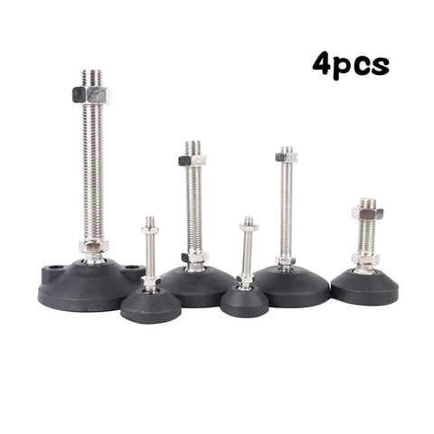 Four Piece Universal Adjustable Furniture Leveling Feet With Heavy Duty Swivel Base And Screw Thread Glides M8 M10 M12 set displayed in varying sizes.