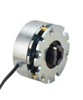 DC electromagnetic brake, 24V, 4.0 Nm, round silver housing with black shaft and mounting screws, wired