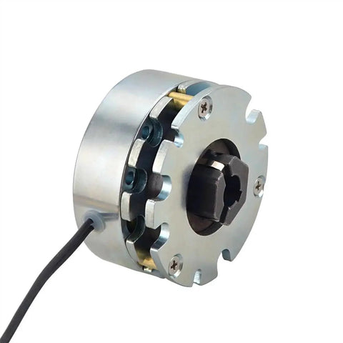 DC electromagnetic brake, 24V, 4.0 Nm, round silver housing with black shaft and mounting screws, wired