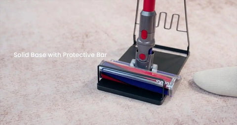Solid base of Universal Stick Vacuum Stand With Six Hooks For Dyson V Series And Other Major Brands Like Shark LG Samsung Hoover Eureka Rainbow Keep Your Vacuum And Accessories Neatly Organized With Durable Metal Construction.