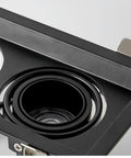 Close-up of Six Pack Slick Adjustable Gimbal Eyeball Canless Downlight LED Dimmable Recessed Light featuring a black trim.