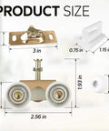 Pocket Door Roller Replacement Kit With Nylon Encapsulated Ball Bearing Wheels For 1125 And Upgrades 1500 Hardware Kit Three Wheel Pulley System Top Mounted Hangers Quiet Smooth Sliding 1 Inch Wheels 220 Pound Capacity product size diagram with dimensions in inches.