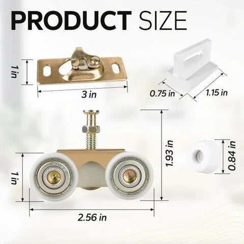 Pocket Door Roller Replacement Kit With Nylon Encapsulated Ball Bearing Wheels For 1125 And Upgrades 1500 Hardware Kit Three Wheel Pulley System Top Mounted Hangers Quiet Smooth Sliding 1 Inch Wheels 220 Pound Capacity product size diagram with dimensions in inches.