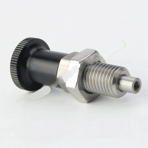 Boss Level Self Locking Indexing Plunger M10 Through M16 with rugged aluminum knob and fine thread design, black matte finish.