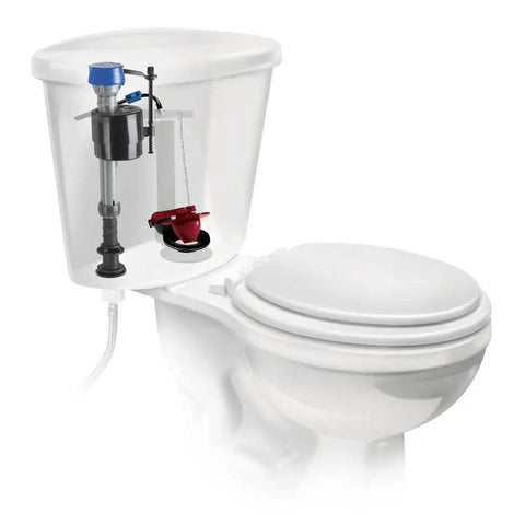 PerforMAX Universal Toilet Fill And Flush Valve Repair Kit installed in tank showing 2 inch flush valve and fill valve.