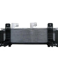 High Performance Transmission Oil Cooler Kit Fits Chevy Silverado And Gmc Sierra 2500Hd 3500HD Models From 2017 Through 2019 For Heavy Duty Cooling Action And Reliable Powertrain Heat Dissipation On The Road. Front view metal transmission oil cooler with black mounting brackets.