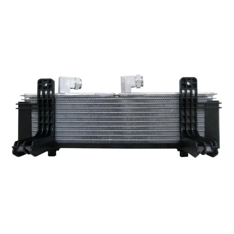 High Performance Transmission Oil Cooler Kit Fits Chevy Silverado And Gmc Sierra 2500Hd 3500HD Models From 2017 Through 2019 For Heavy Duty Cooling Action And Reliable Powertrain Heat Dissipation On The Road. Front view metal transmission oil cooler with black mounting brackets.