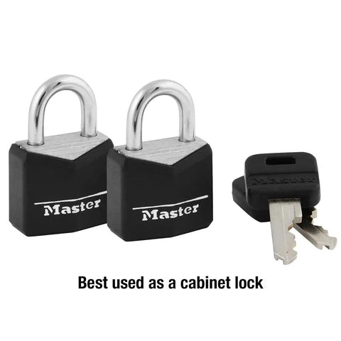 Pair of Master Lock padlocks with black vinyl-covered aluminum body and steel shackle, 3/4 inch wide, with keys, for indoor use