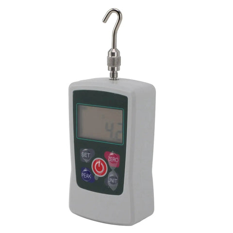 Portable Digital Force Tester With Aluminum Alloy Frame Push Pull Dynamometer Ranging From 20 To 200 Newtons Great For Material Mechanics Product Development Lab Testing And On Site Quality Control, front view with hook