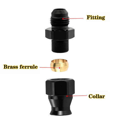 FortiyParts 2-pack 6AN to 3/8 hardline adapters, ORB male to 3/8 in tube compression, black with brass ferrule
