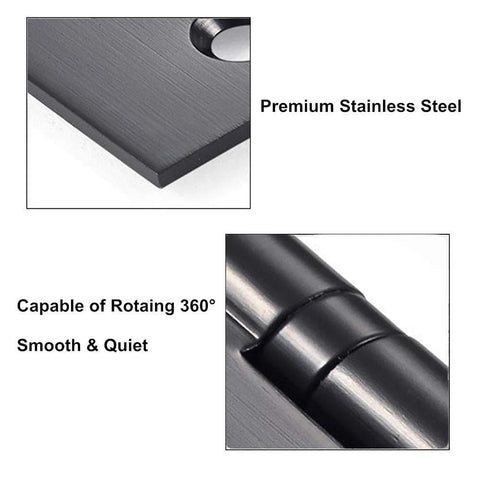 VOLUKA 6-pack non-mortise door hinges, black stainless steel, 4×3 in, smooth 360° rotation.