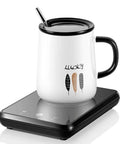 Keep That Coffee Strong Desk Cup Warmer With Steady 55 Degree Thermostat handles a white insulated mug on a black heating pad.