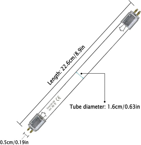 Diagram of Powerful 6W UVC Sanitizer Lamp Ozone Free 253.7 Nanometer with dimensions marked, plug ends visible.