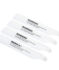 Four white rotor blades with warning label for Dope Aluminum RC Helicopter Motor Blade Gear Parts Kit Replacement Set Gear Screw Kit