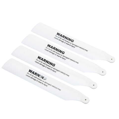 Four white rotor blades with warning label for Dope Aluminum RC Helicopter Motor Blade Gear Parts Kit Replacement Set Gear Screw Kit