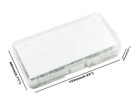 MCMASKE 360-piece stainless steel SAE flat washer set in clear plastic storage box, front view, sizes #2-#12 and 1/4-7/16 inch