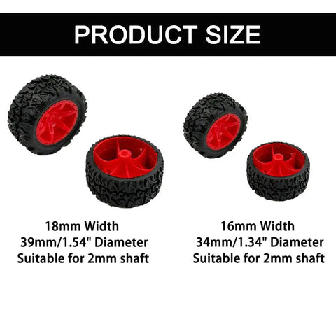 20 Pack Toy Wheels With 2mm Shaft Rubber Tires and 10 Round Rod Shafts for DIY models, 34mm and 39mm sizes shown.