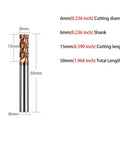 Front view of 1pc 4-flute carbide square end mill, 6mm dia, 6mm shank, 15mm cut length, 50mm OAL, TiN-coated