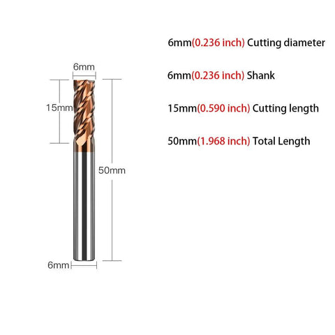 Front view of 1pc 4-flute carbide square end mill, 6mm dia, 6mm shank, 15mm cut length, 50mm OAL, TiN-coated