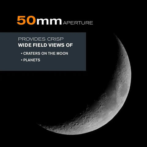 Close-up of the Moon showcasing details visible with PowerSeeker 50AZ Telescope Easy To Use Manual Alt Azimuth Refractor For Beginners.