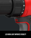 Close-up of V20 Cordless Drill Driver Kit One Half Inch With Battery And Charger Included Brushless Motor Delivers 350 UWO Two Speed Gearbox Built To Crush Heavy Duty Jobs On The Jobsite, showcasing LED light feature.