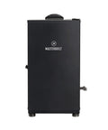 Front view of Digital Electric Vertical BBQ Smoker With Patented Side Wood Chip Loader And Chrome Racks 710 Square Inches Of Cooking Space 30 Inch Black Unit Easy Digital Controls For Precise Temperature And Time Great For Backyard Smoke Model MB20071117