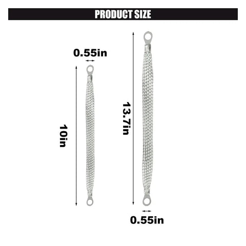 Top Shelf Braided Automotive Ground Strap Kit Includes Five Heavy Duty Copper Cable Wires With Secure Ring Terminals size guide showing 10in and 13.7in cables.