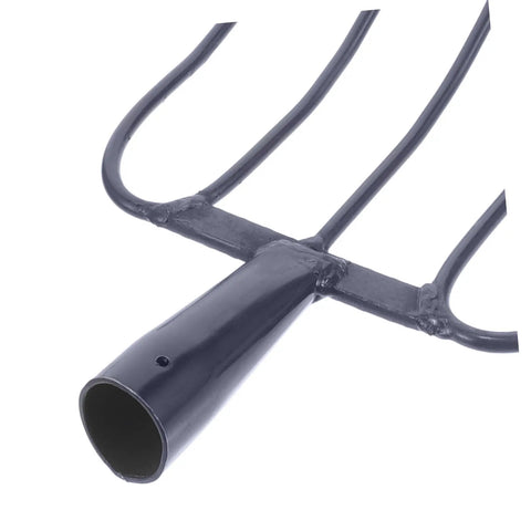 Close-up of a Multifunctional Grass Fork For Lawn Care And Gardening Solid Iron Handheld Pitch Fork tip with a dark blue finish