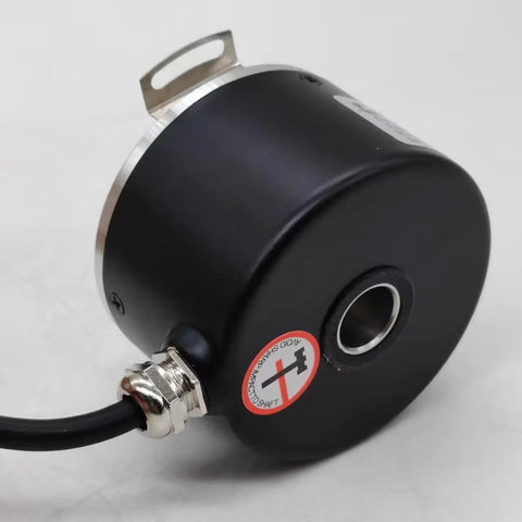 Close-up of a Built Tough 60mm Outer Diameter Hollow Shaft Rotary Encoder with 10mm Aperture, industrial-grade black housing.