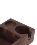 Legit Premium Walnut Wood Coffee Tamping Station With Stainless Steel Knock Box And Adjustable Height Tamper Base top view of compartments