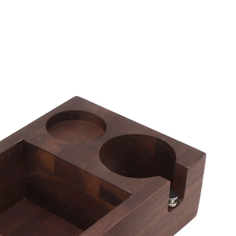 Legit Premium Walnut Wood Coffee Tamping Station With Stainless Steel Knock Box And Adjustable Height Tamper Base top view of compartments