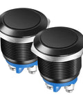 Two Pack 22mm Momentary Push Button Switch 1NO SPST With Screw Terminals 3A Rating At 12V 24V 36V DC And 110V 250V AC IP65 Waterproof Aluminum Alloy Shell Black Finish Easy Wire Contact, front view