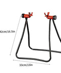 Foldable Aluminum Bike Repair Stand For DIY Home Mechanics, Easy Foldout Legs shown with dimensions, mounts on rear hub axle