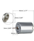 Detailed view of a DC motor with measurements, 45mm long, 24mm body, and 2mm shaft, part of Five Pack DC Motors 3V To 12V Mini Electric Motors.