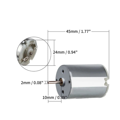 Detailed view of a DC motor with measurements, 45mm long, 24mm body, and 2mm shaft, part of Five Pack DC Motors 3V To 12V Mini Electric Motors.