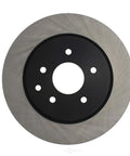 Centric Premium rear brake rotor with black hub and five lug holes, silver disc, front view