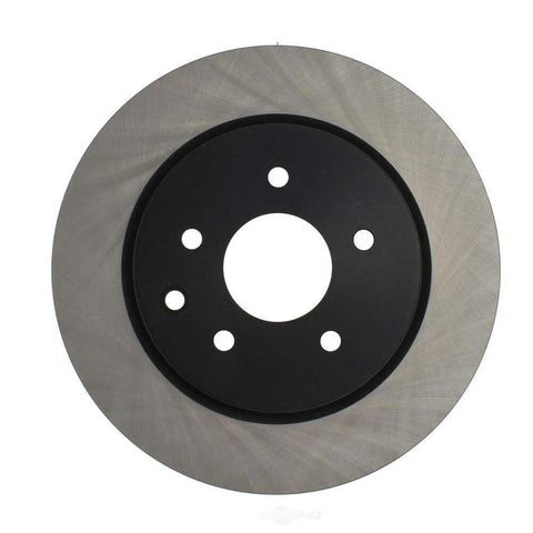 Centric Premium rear brake rotor with black hub and five lug holes, silver disc, front view