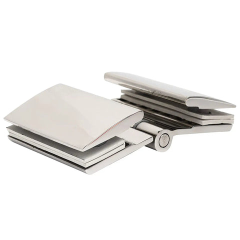 Close-up of Rock Solid Double Sided Hinge For Frameless Glass Shower Door Stainless Steel Flat Polished Finish.